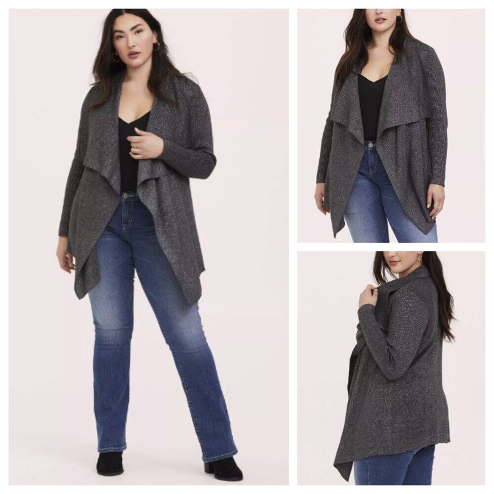 Torrid Women's Ribbed Cardigan Drape Front Shawl Sweater Grey Silver Size M/10